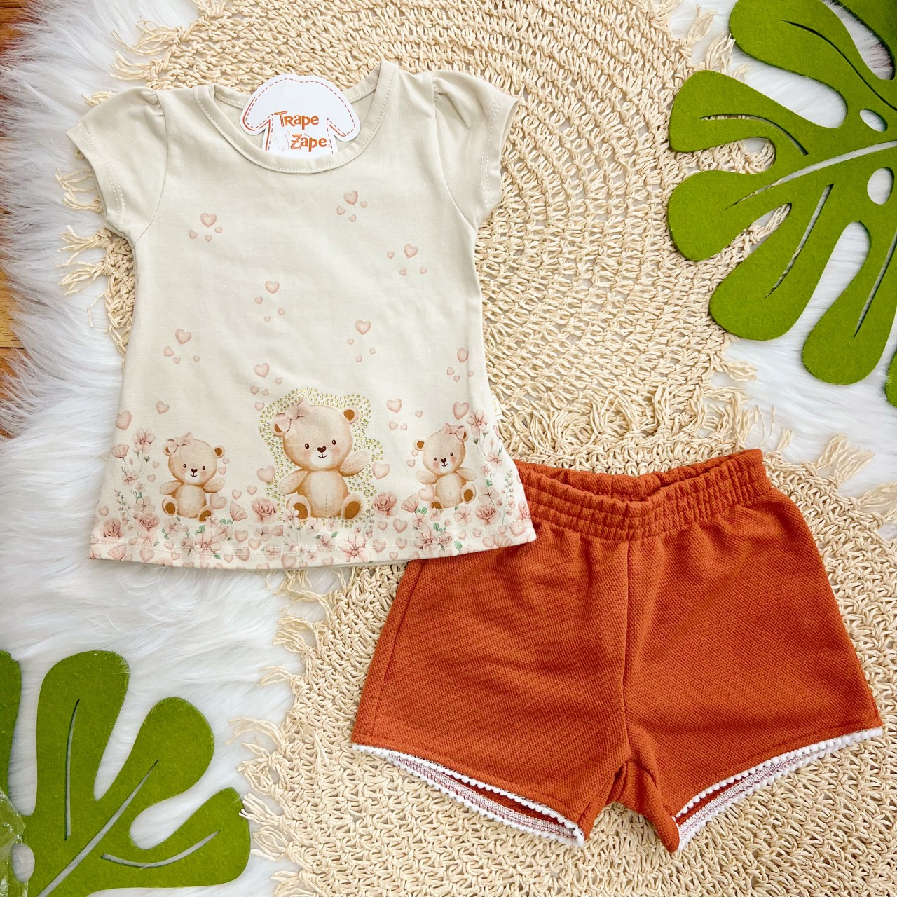 Conj. Blusa Ursinhas Fofas e Short - Areia e Ferrugem